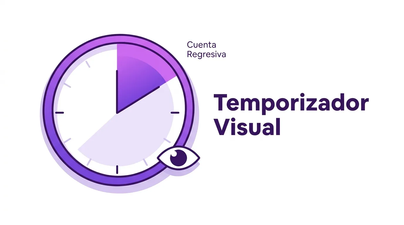 Interfaz del temporizador visual online con disco animado, barra de progreso y reloj de arena digital